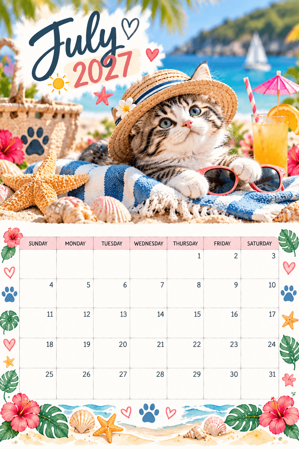 July 2027 calendar with kitten in a straw hat and sunglasses at the beach