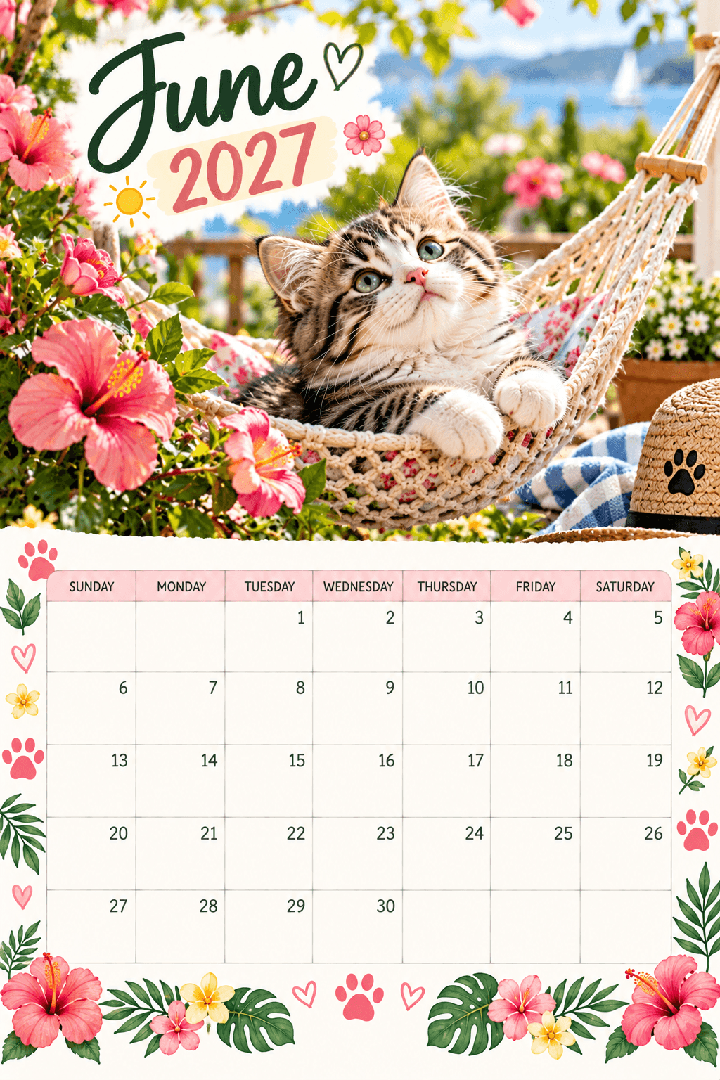 June 2027 calendar with kitten relaxing in a hammock among hibiscus flowers