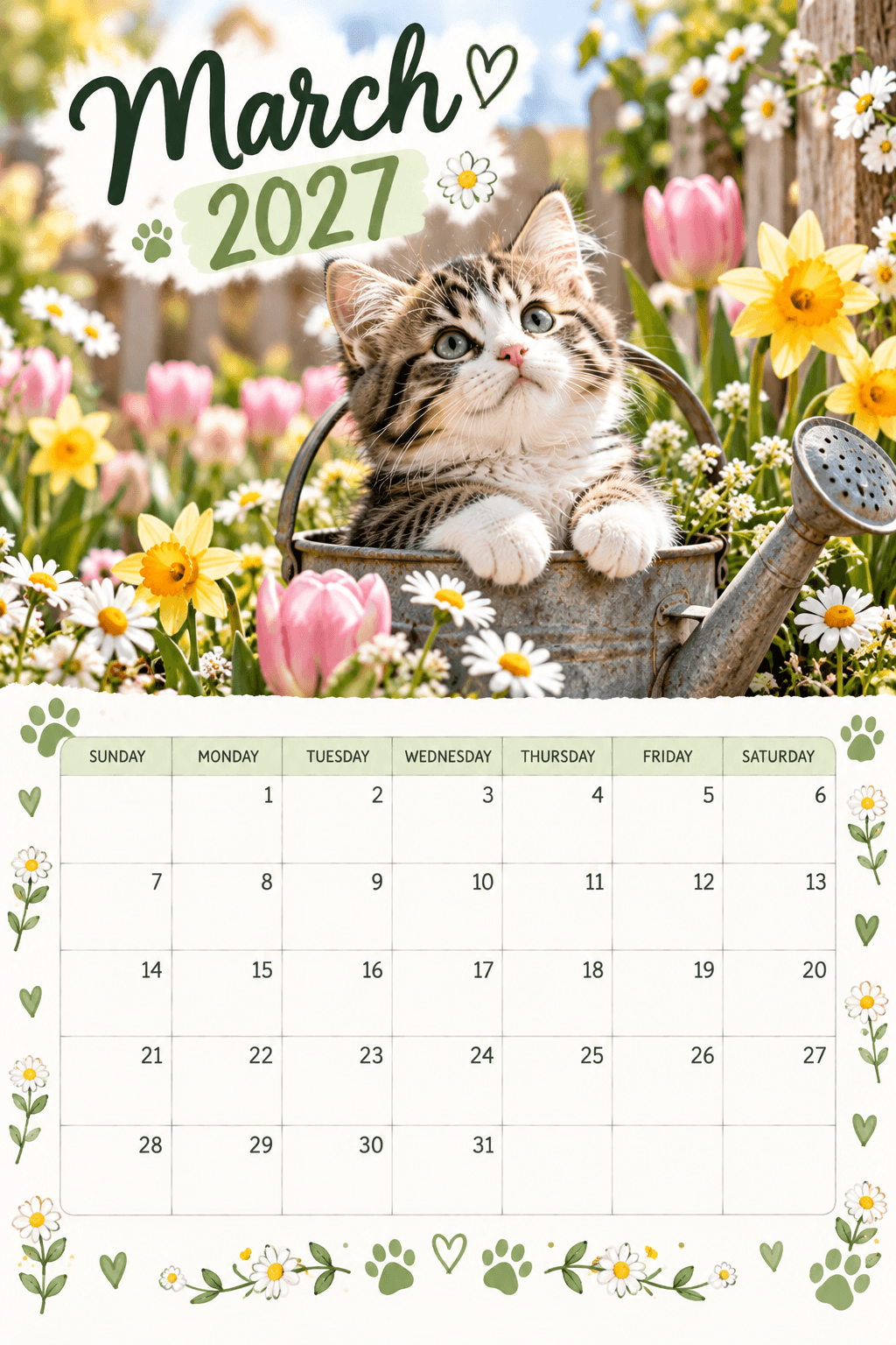 March 2027 calendar with kitten in a watering can among spring flowers