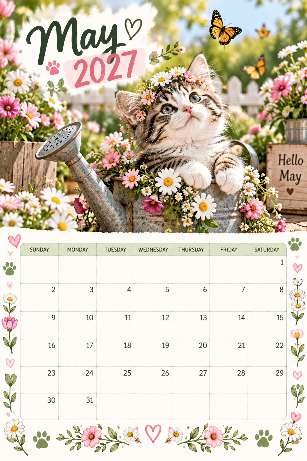 May 2027 calendar with kitten wearing a flower crown