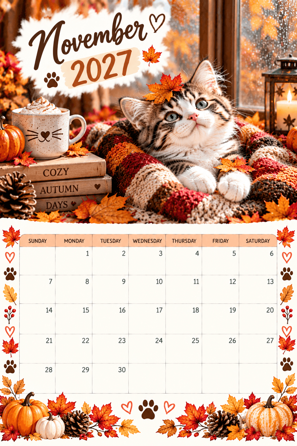 November 2027 calendar with kitten on a cozy autumn blanket beside a latte