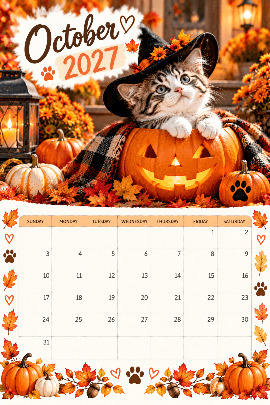 October 2027 calendar with kitten in a witch hat on a glowing jack-o'-lantern