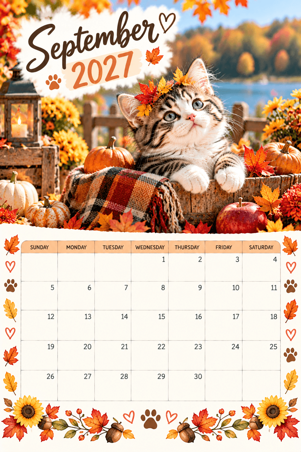 September 2027 calendar with kitten in autumn leaves and pumpkins