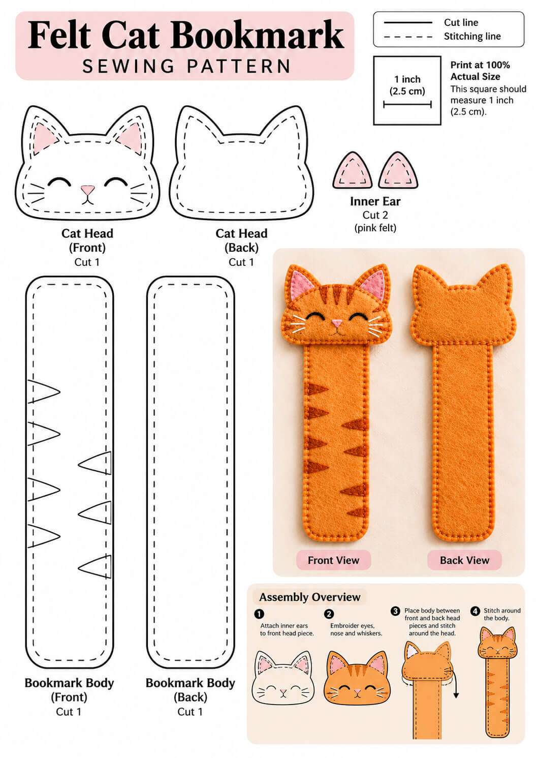 Printable felt cat bookmark sewing pattern showing the head, body and inner ear pieces with cut lines and stitching lines.