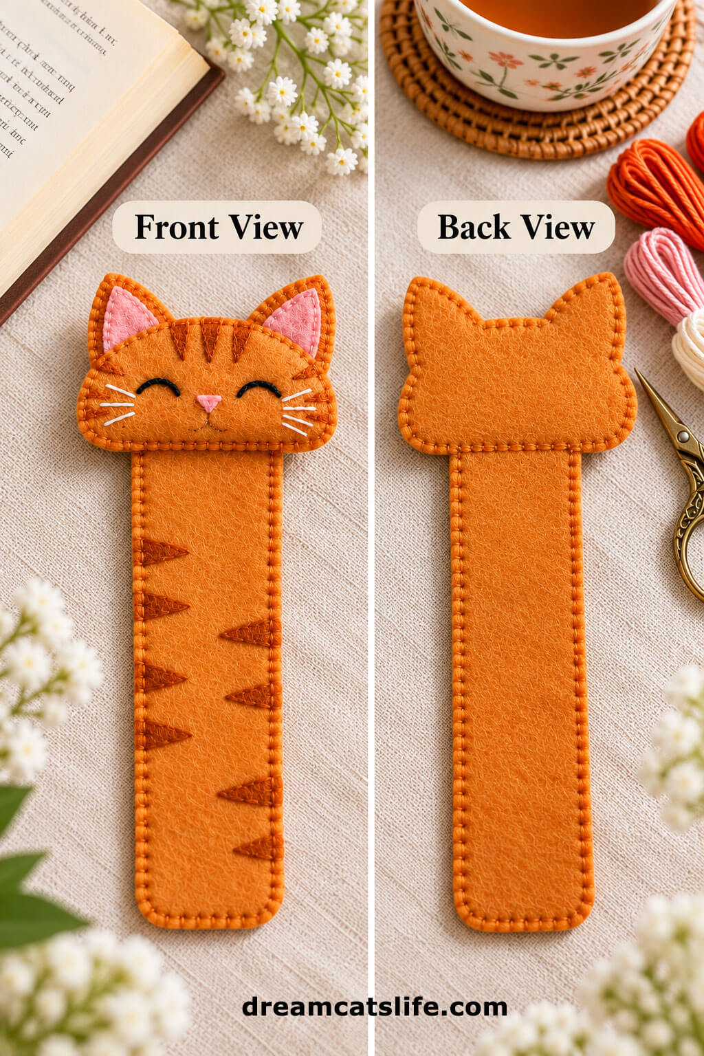 Orange felt cat bookmark with pink inner ears, shown from the front and the back.