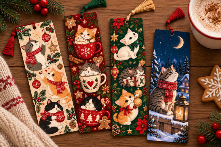 Free printable Christmas cat bookmarks featuring kittens with ornaments