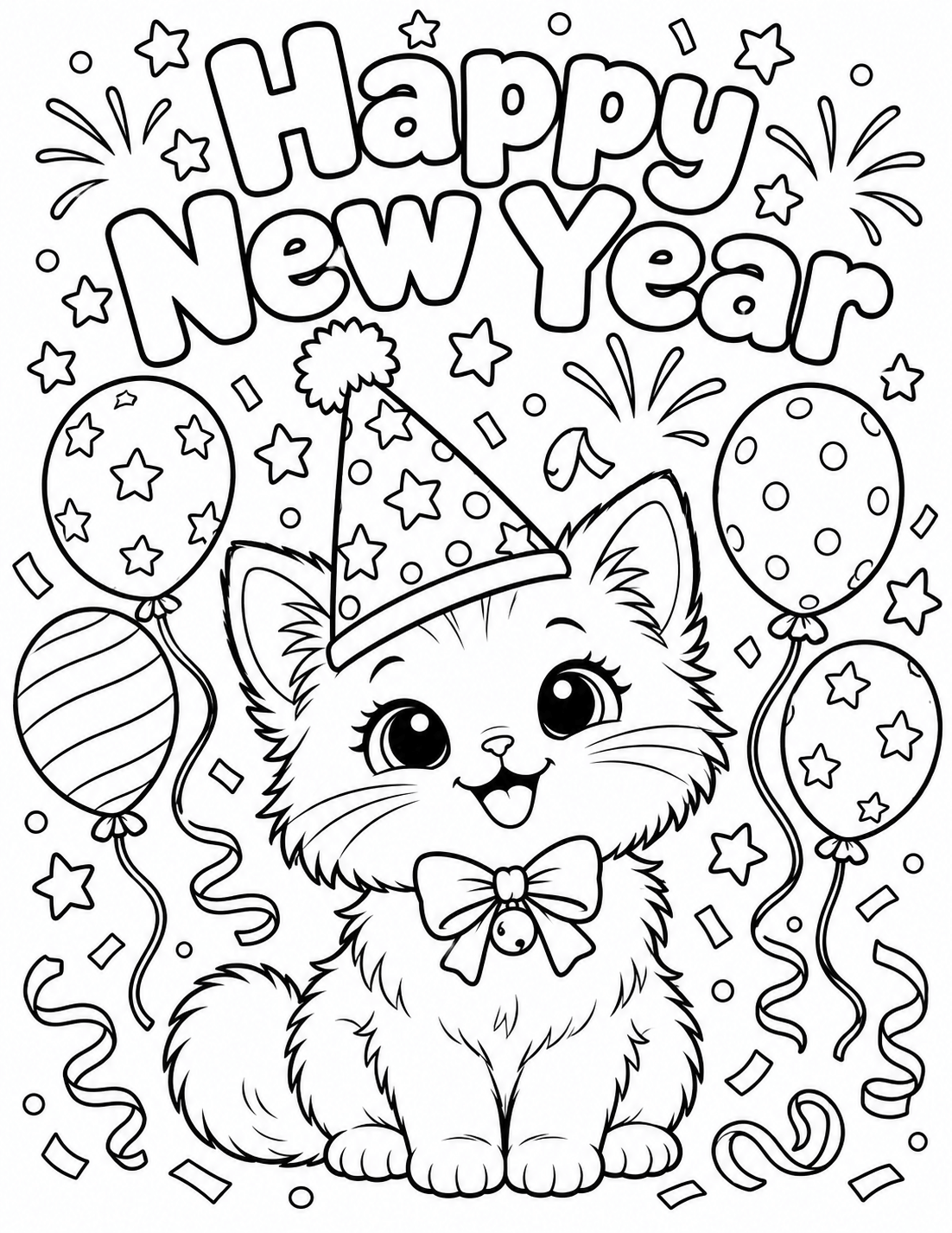 Party Kitten with Balloons and Confett